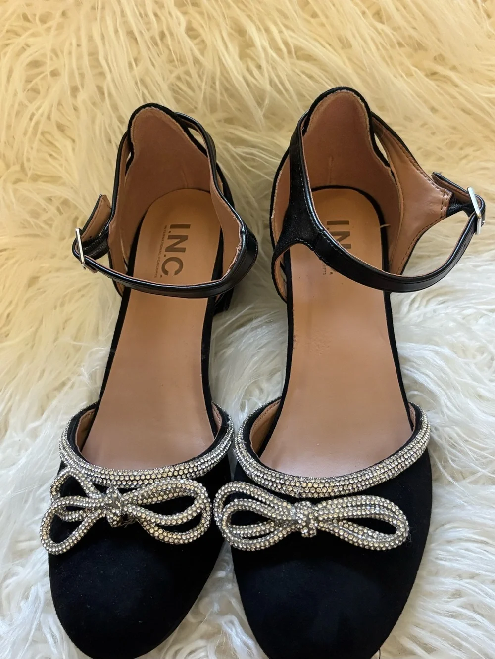 INC International Concepts Black Rhinestone Bow Ankle-Strap Flats